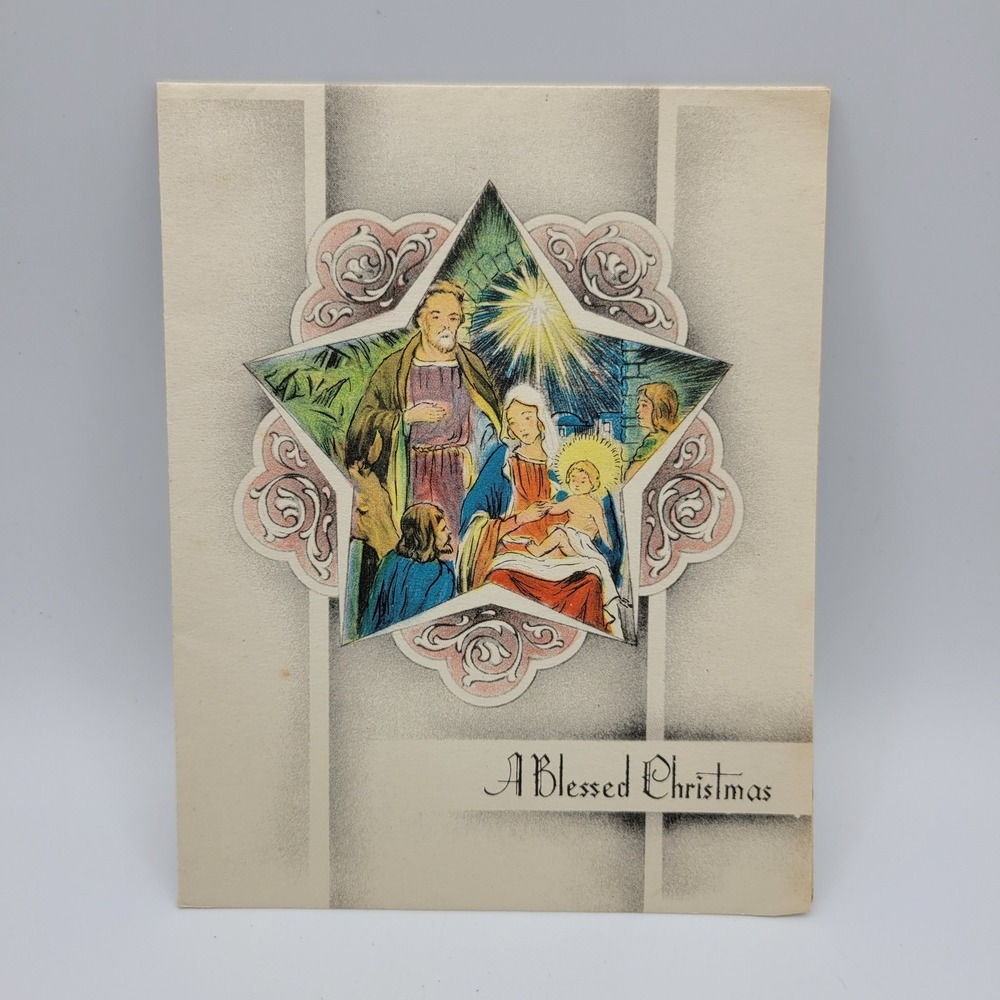 Vintage Christmas Card Nativity Scene Star Shaped Made in USA Religious Holiday